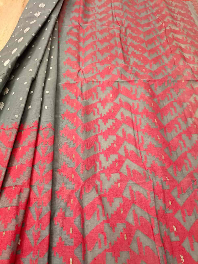 Grey & Red/White, Cotton handwoven Jamdani saree Balaram Saha