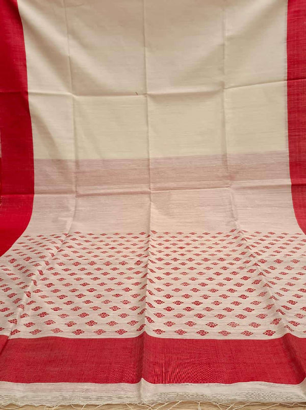 White & Red Matka silk handwoven saree Balaram Saha