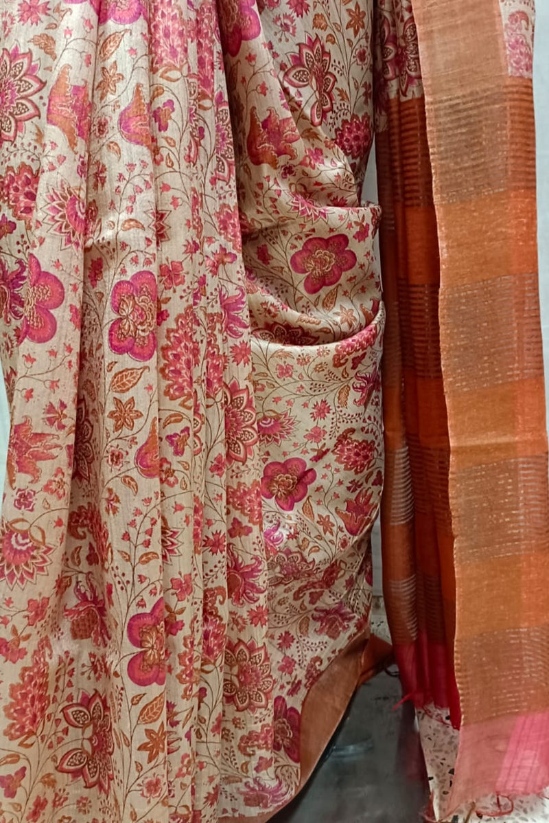 Natural shade & Orange pure Tussar silk saree Balaram Saha