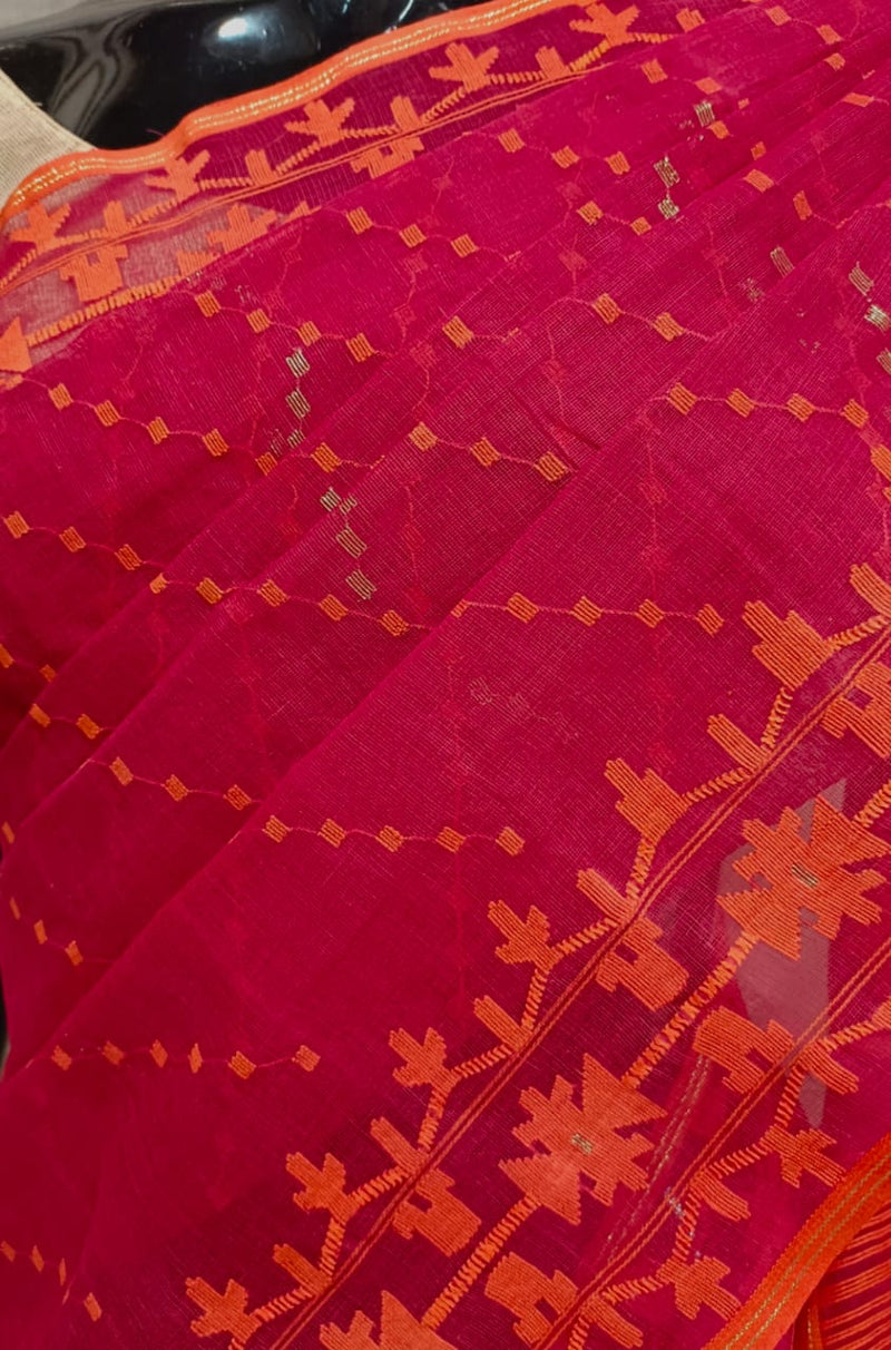 Maroon & Orange cotton handwoven Bangladeshi Jamdani saree Balaram Saha