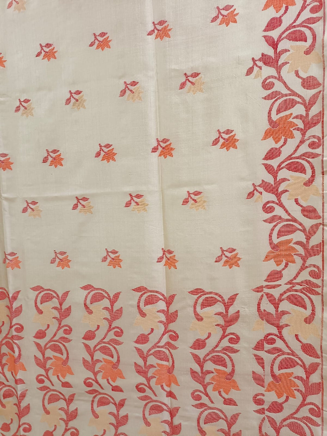 Off White & Red/Orange, Katan Silk Jamdani saree with floral weave on border & Aanchal. Floral motifs woven all over the body.  Blouse Piece included.
