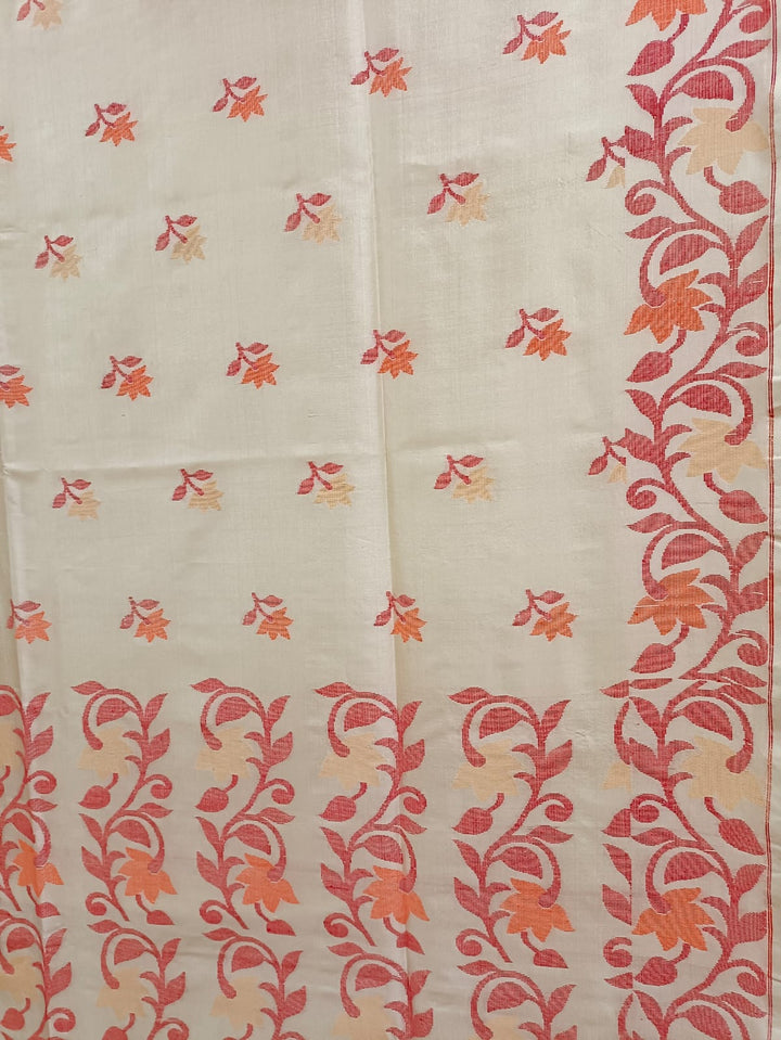 Off White & Red/Orange, Katan Silk Jamdani saree with floral weave on border & Aanchal. Floral motifs woven all over the body.  Blouse Piece included.