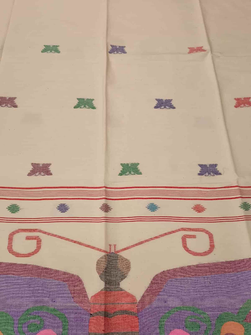 Handspun & Handwoven soft cotton, White & Red Jamdani saree Balaram Saha