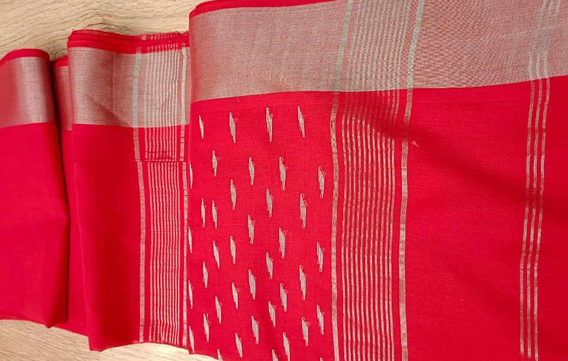 Soft cotton red & white saree with silver zari border Balaram Saha