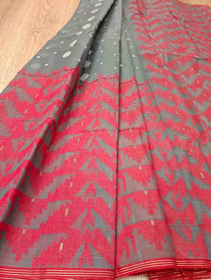 Grey & Red/White, Cotton handwoven Jamdani saree Balaram Saha