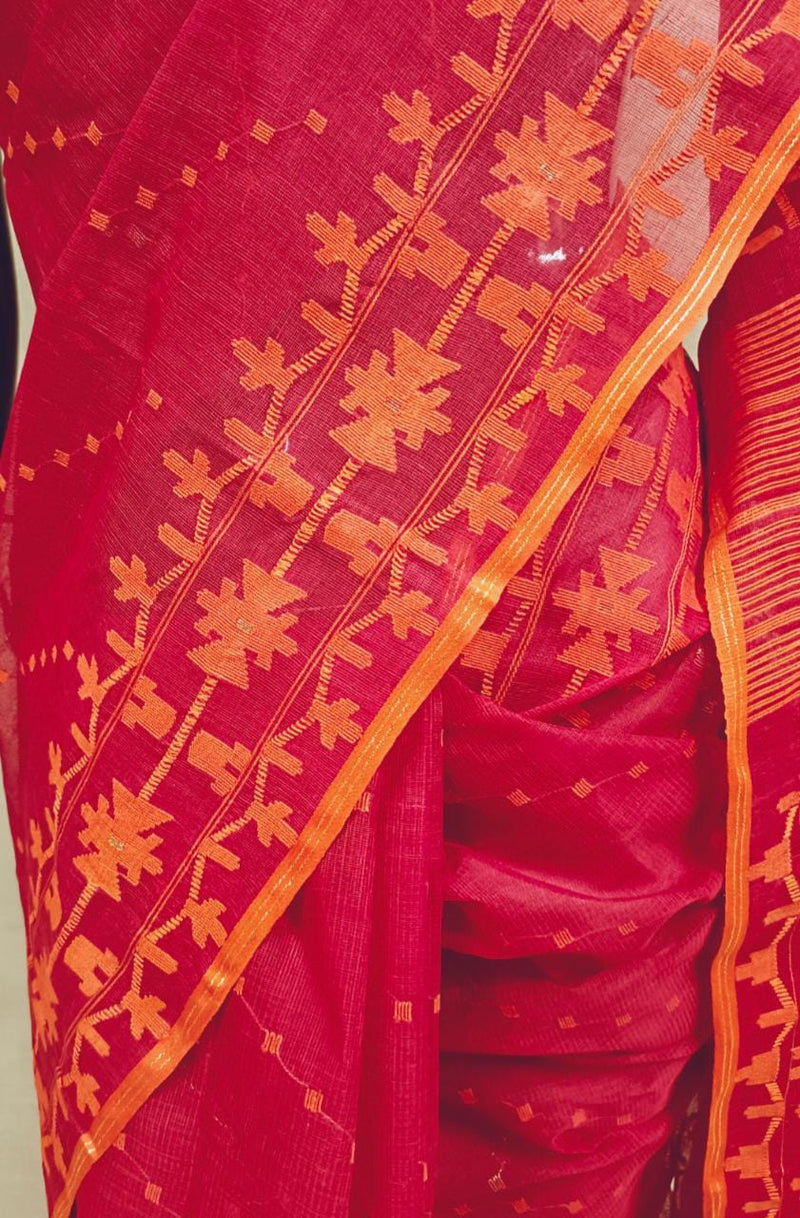 Maroon & Orange cotton handwoven Bangladeshi Jamdani saree Balaram Saha