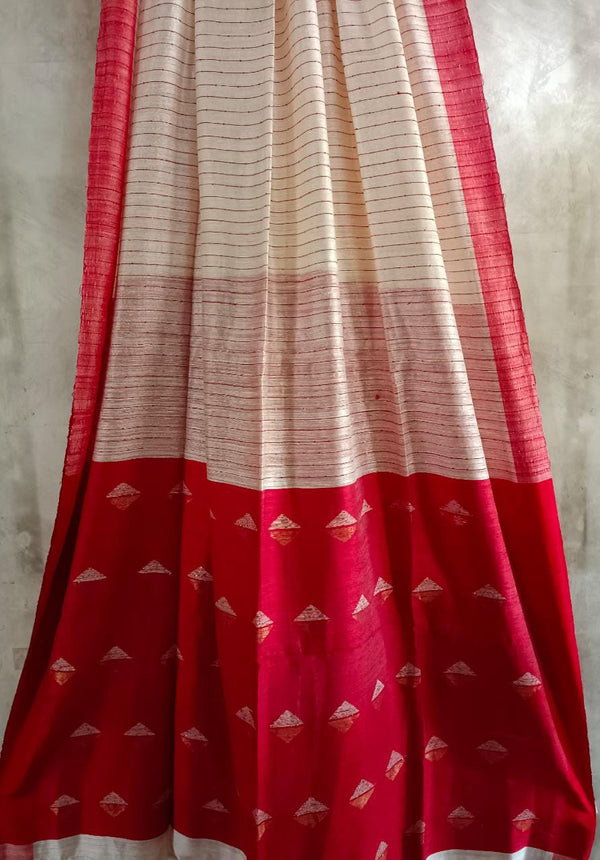 White and Red Matka Silk saree with woven stripe Balaram Saha