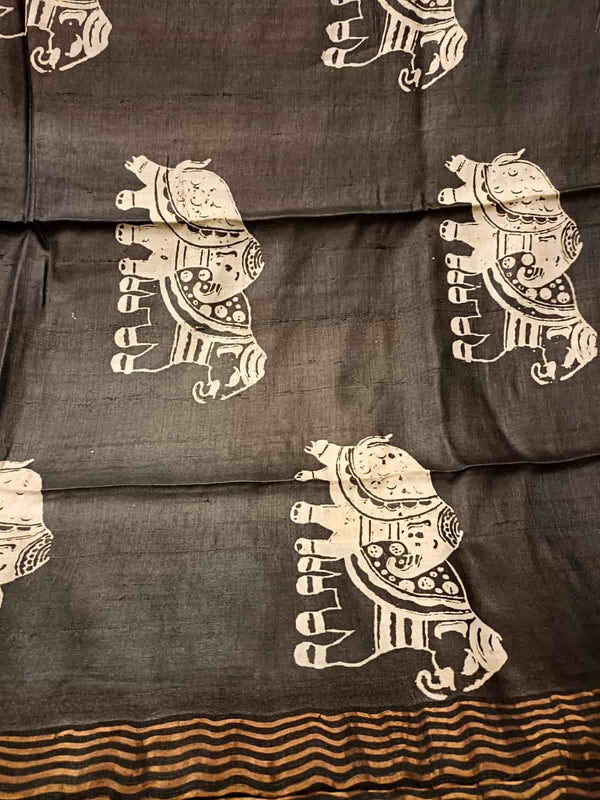 Charcoal Black & Off white Tussar Silk Handblock Elephant Print Saree Balaram Saha