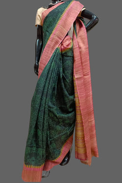 Bottle Green & Pink pure Tussar Silk saree Balaram Saha