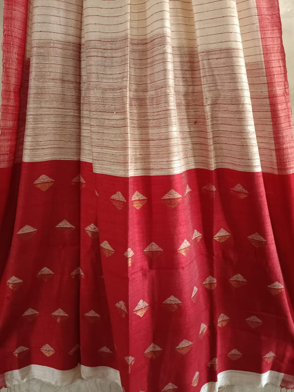 White and Red Matka Silk saree with woven stripe Balaram Saha