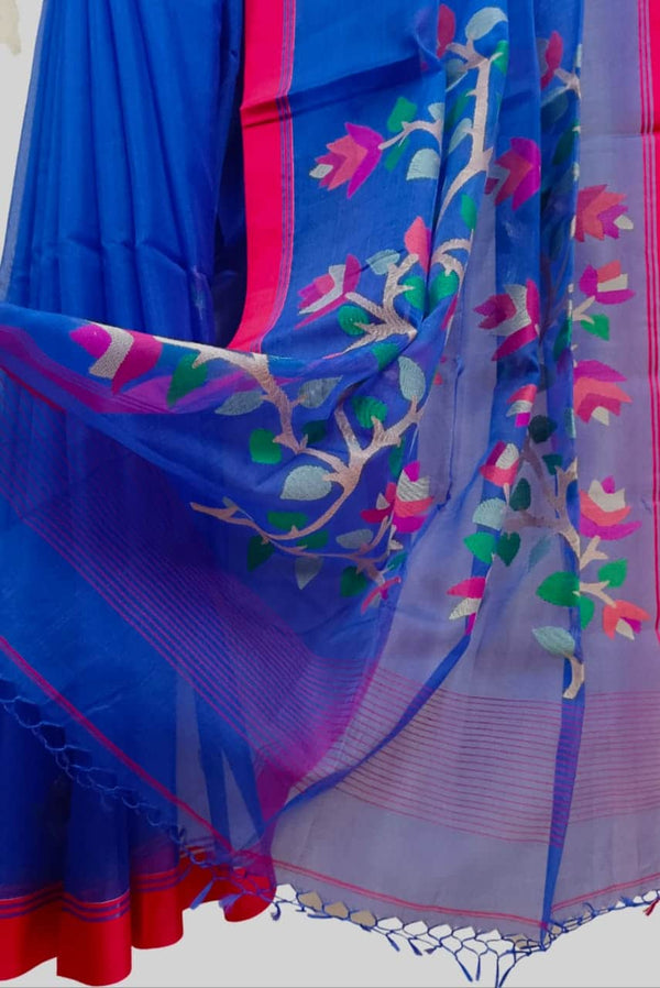 Royal Blue Handloom Muslin Silk Jamdani Saree Balaram Saha