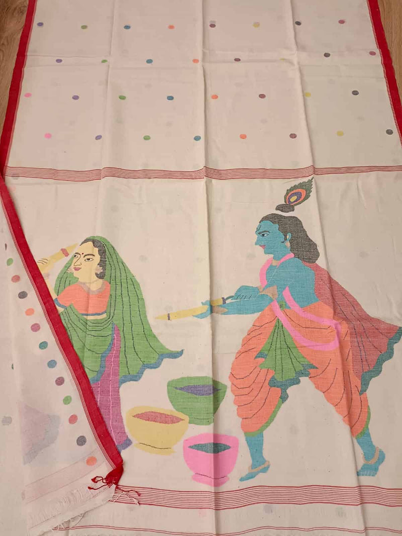 Holi Special: Off White & Red with multi colour, Handspun & Handwoven soft cotton Jamdani saree Balaram Saha