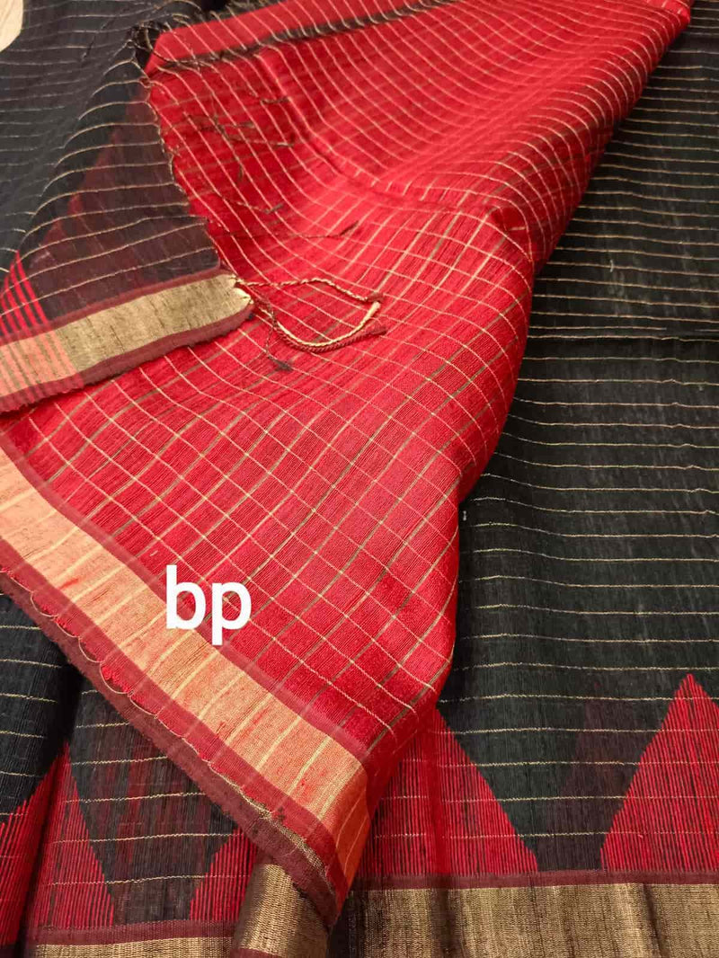 Black & Red Matka Silk saree with gold zari & red temple border Balaram Saha