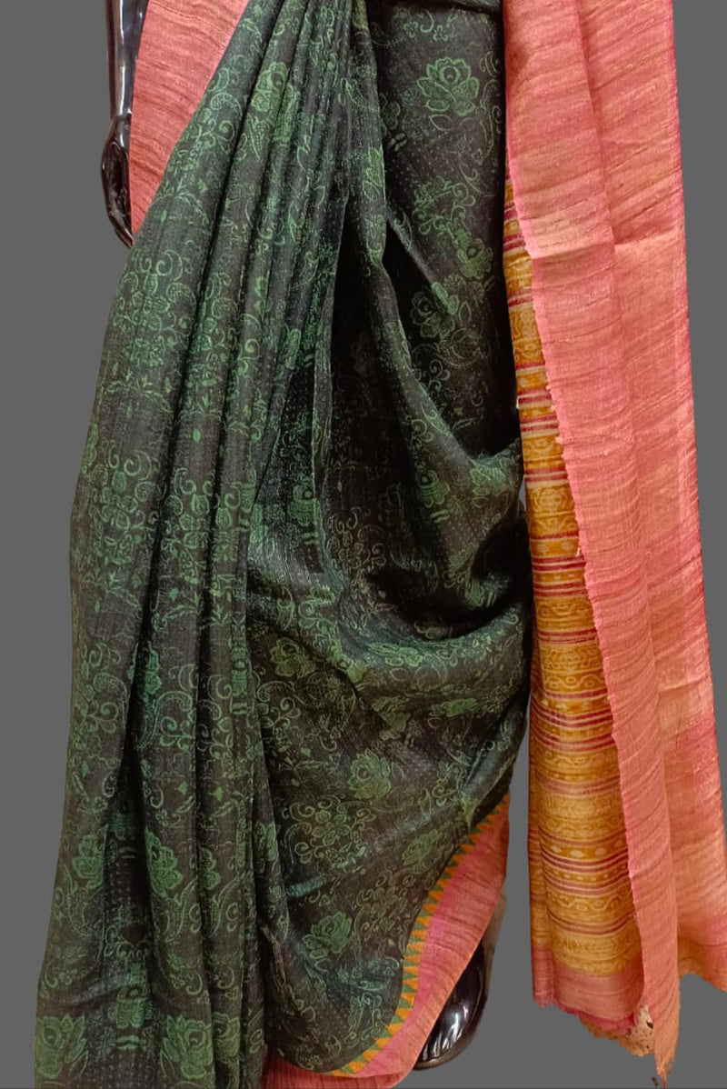 Bottle Green & Pink pure Tussar Silk saree Balaram Saha