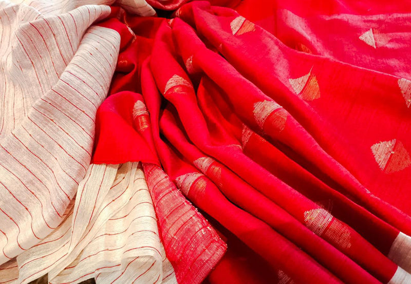 White and Red Matka Silk saree with woven stripe Balaram Saha