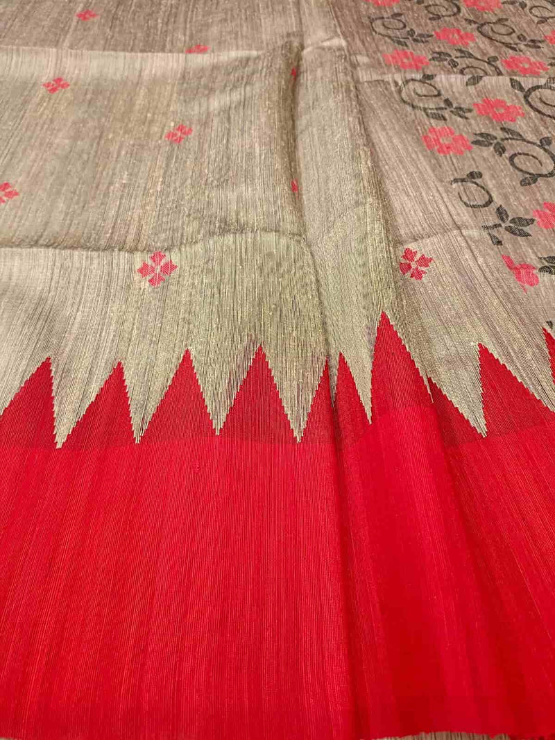 Beige & Red handwoven Matka Silk saree Balaram Saha