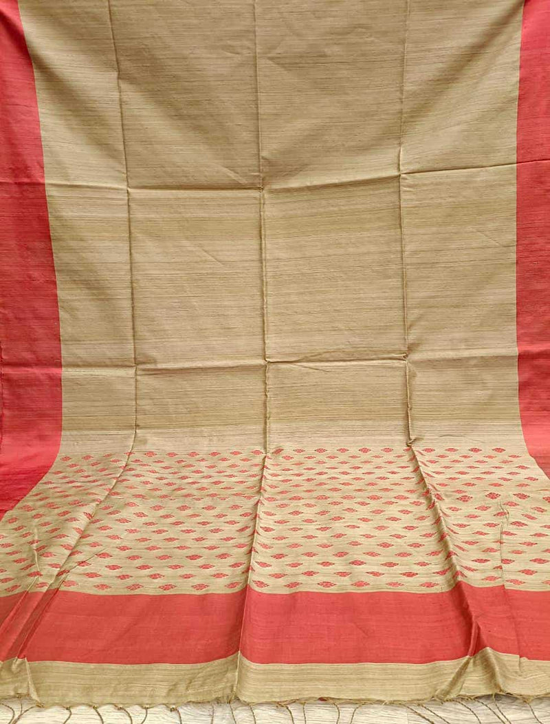 Beige & Red Matka silk handwoven saree Balaram Saha