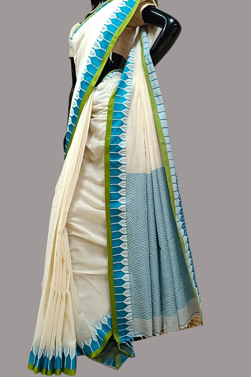 Off white Blue soft Handloom cotton saree Balaram Saha