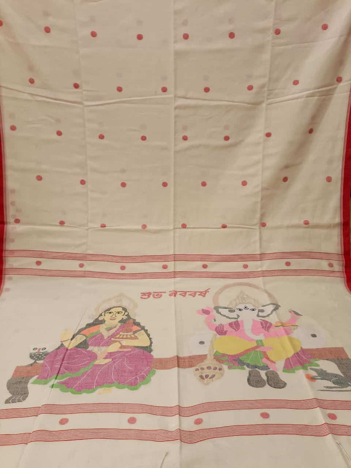 Shubho Nobo Borsho Special Saree: Handspun & Handwoven soft cotton saree in White & Red with goddess Lakshmi & Lord Ganesh handwoven on the Aanchal. All over the body Polka Dot weave. Blouse Piece.