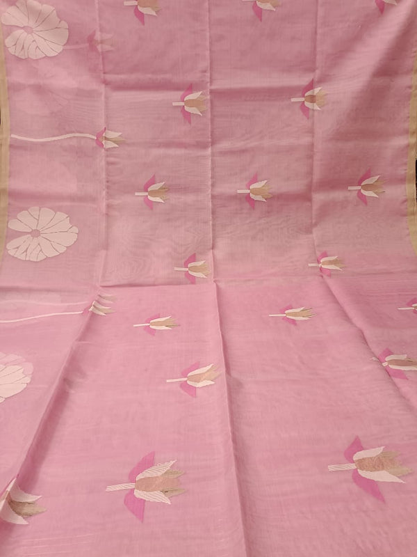 Baby Pink & White, Muslin Silk handwoven Jamdani saree with white, gold & Dark Pink lotus flower motifs all over the body & white lotus leaves woven on the border. blouse piece included.