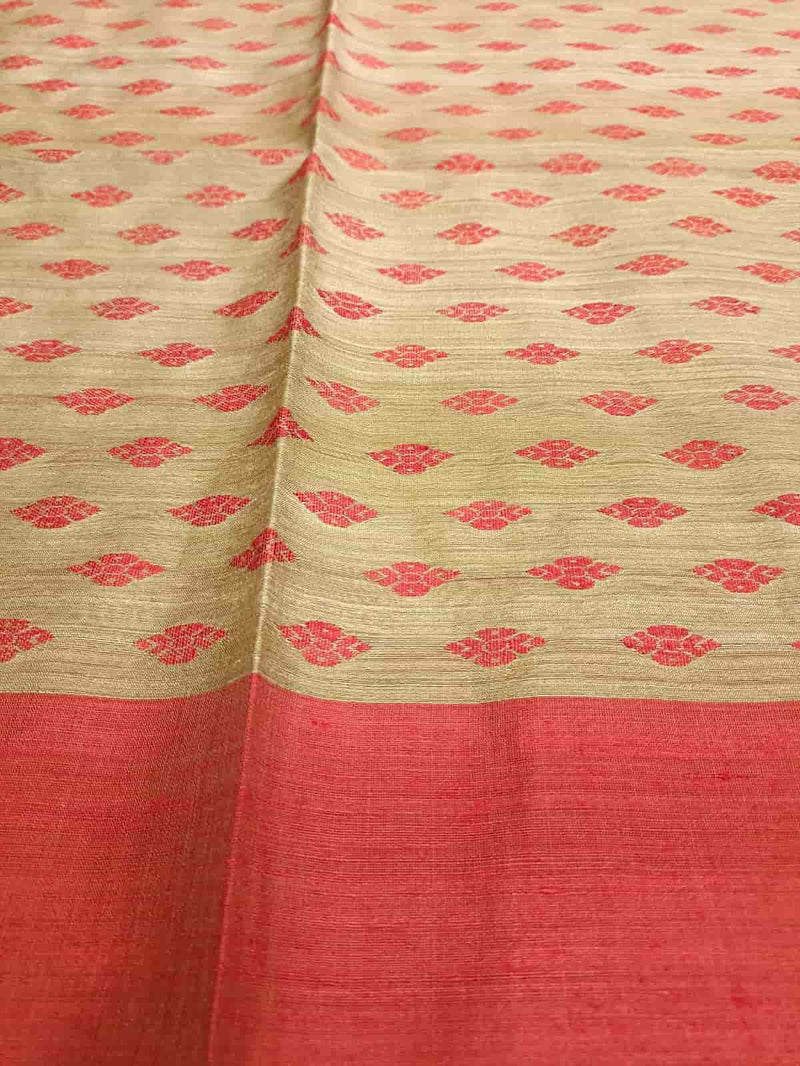 Beige & Red Matka silk handwoven saree Balaram Saha