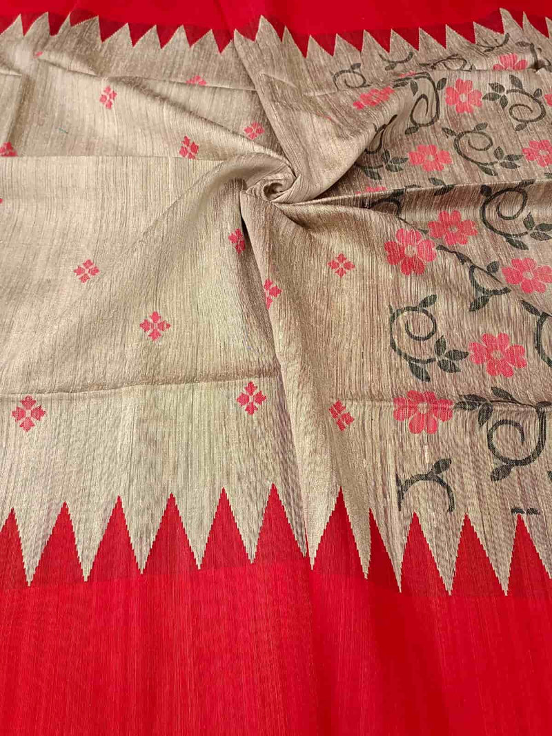 Beige & Red handwoven Matka Silk saree Balaram Saha