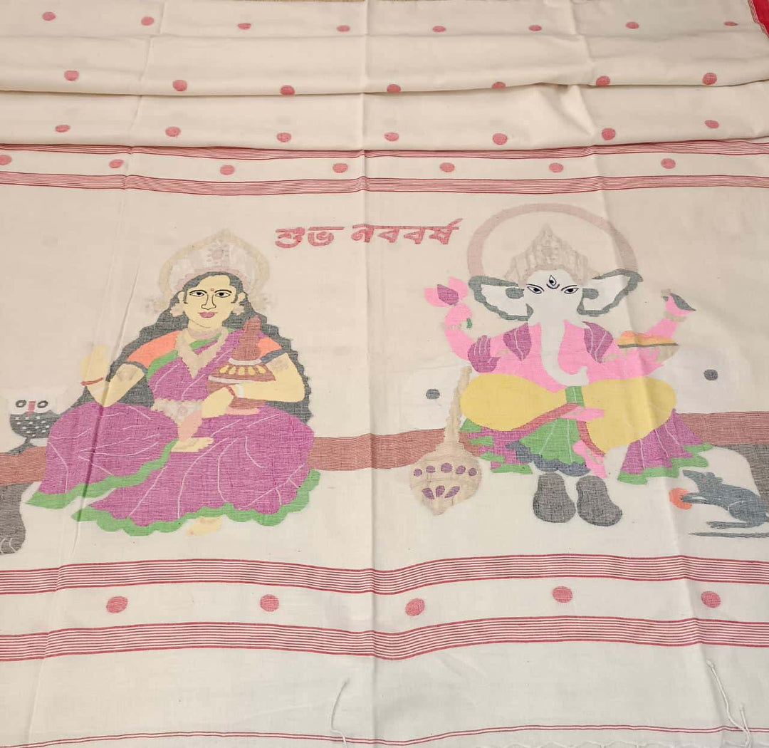 Shubho Nobo Borsho Special Saree: Handspun & Handwoven soft cotton saree in White & Red with goddess Lakshmi & Lord Ganesh handwoven on the Aanchal. All over the body Polka Dot weave. Blouse Piece.
