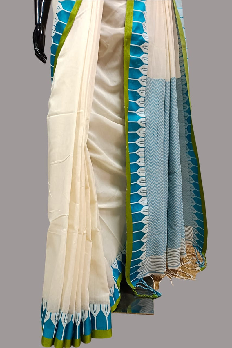 Off white Blue soft Handloom cotton saree Balaram Saha