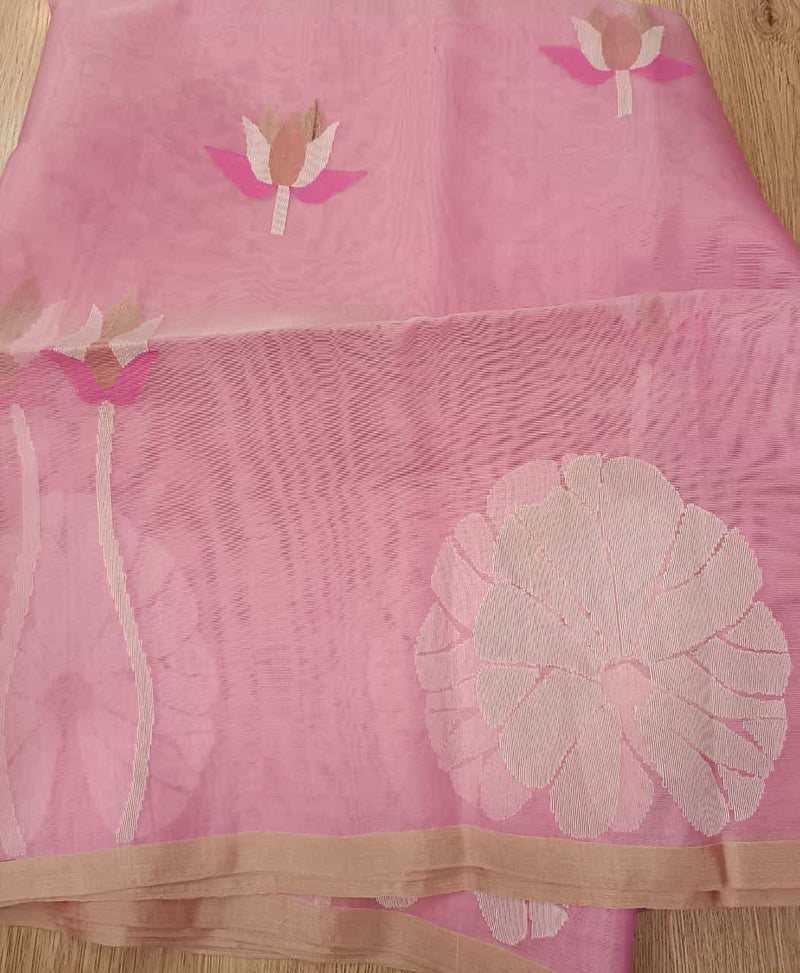 Baby Pink & White, Muslin Silk handwoven Jamdani saree with white, gold & Dark Pink lotus flower motifs all over the body & white lotus leaves woven on the border. blouse piece included.