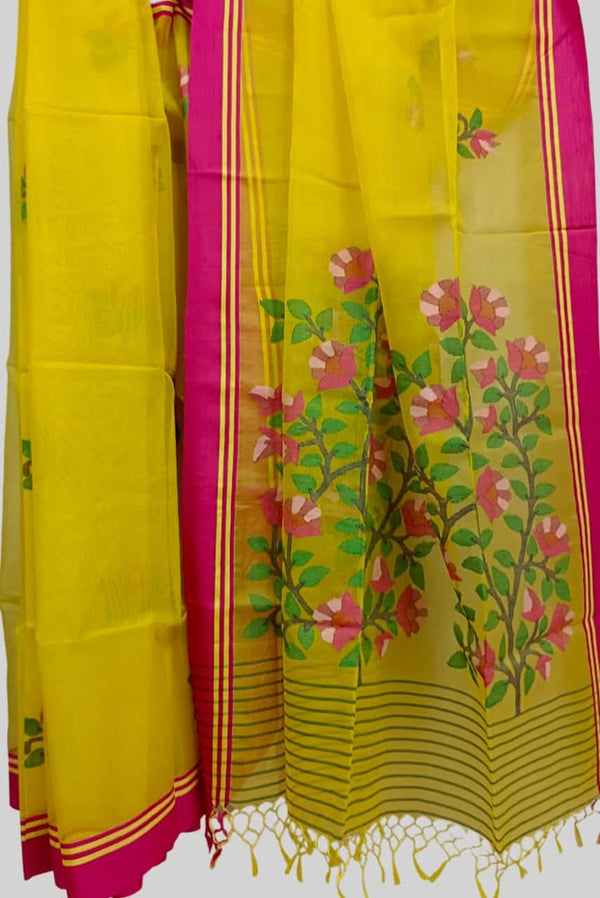 Yellow Handloom Muslin Silk Jamdani Saree Balaram Saha
