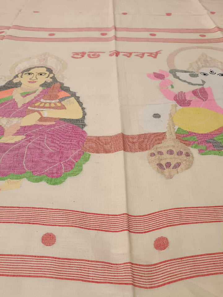 Shubho Nobo Borsho Special Saree: Handspun & Handwoven soft cotton saree in White & Red with goddess Lakshmi & Lord Ganesh handwoven on the Aanchal. All over the body Polka Dot weave. Blouse Piece.