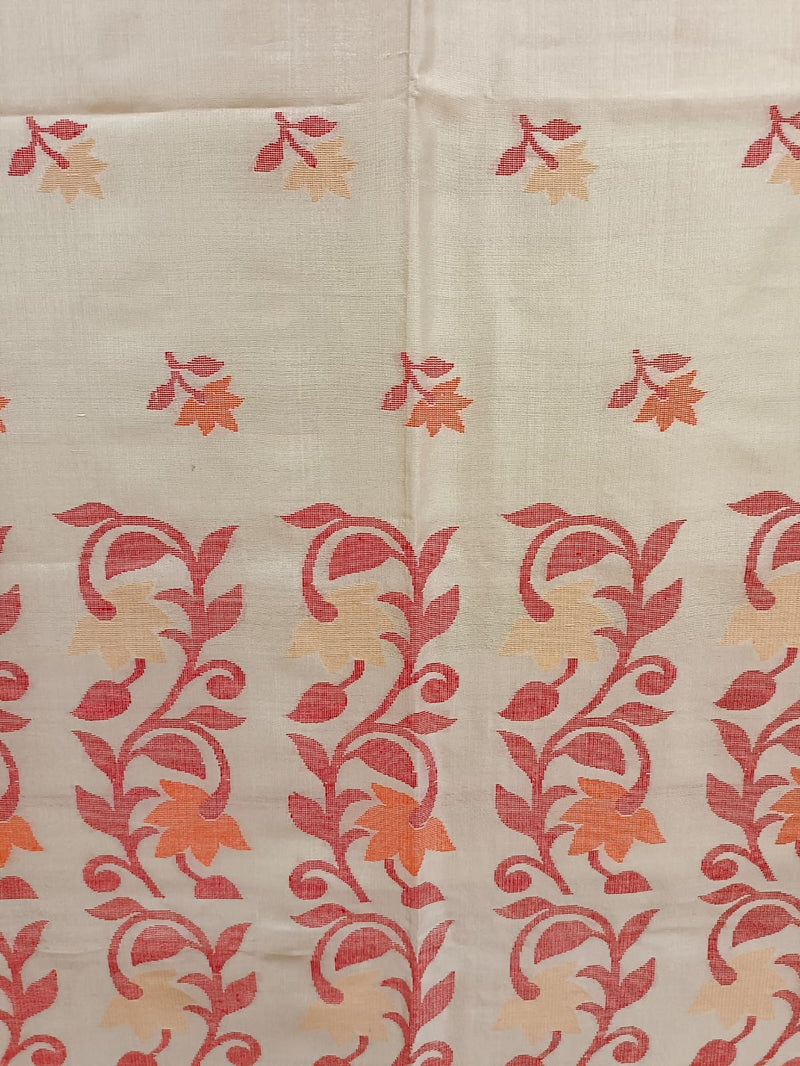 Off White & Red/Orange, Katan Silk Jamdani saree with floral weave on border & Aanchal. Floral motifs woven all over the body.  Blouse Piece included.