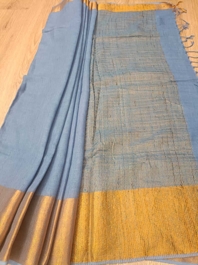 Blue & Gold handloom Linen saree Balaram Saha