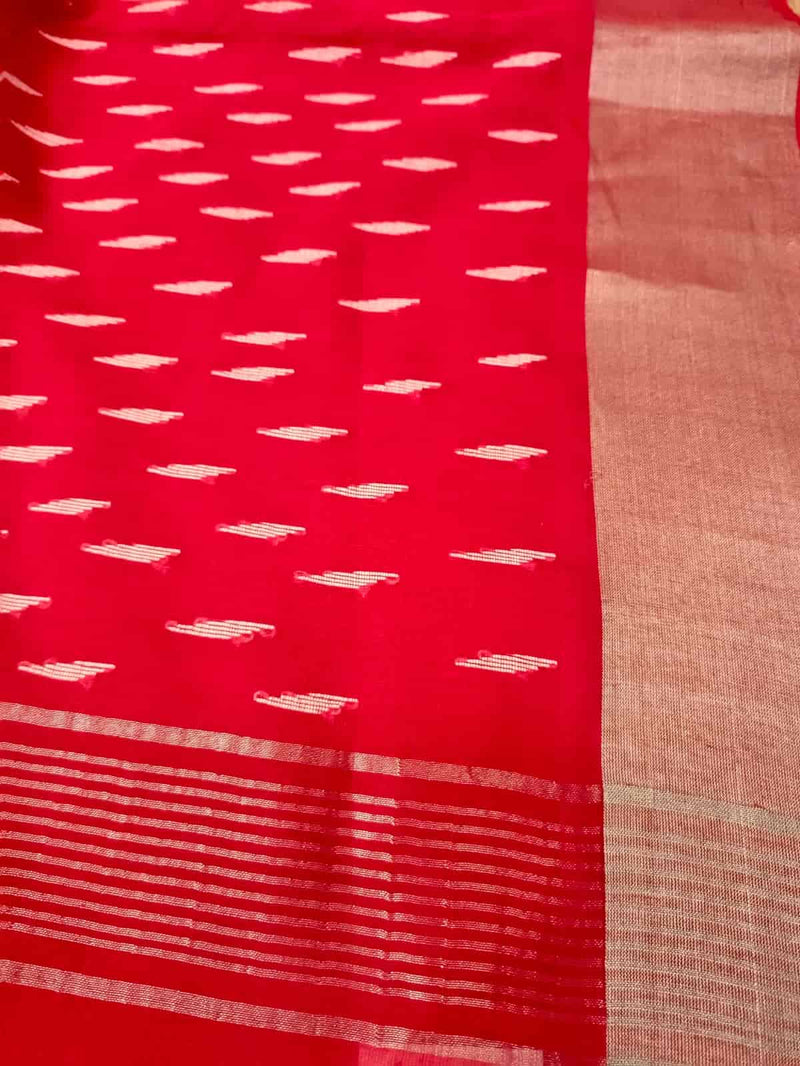 Soft cotton red & white saree with silver zari border Balaram Saha