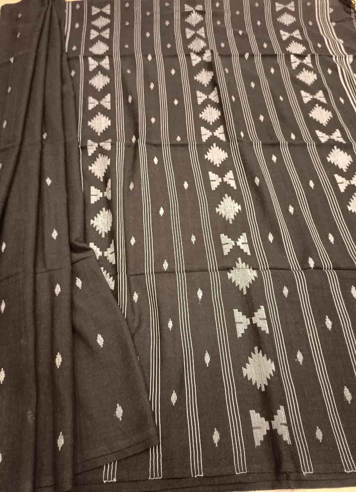 Black & White, handspun, handwoven soft Cotton Jamdani saree Balaram Saha