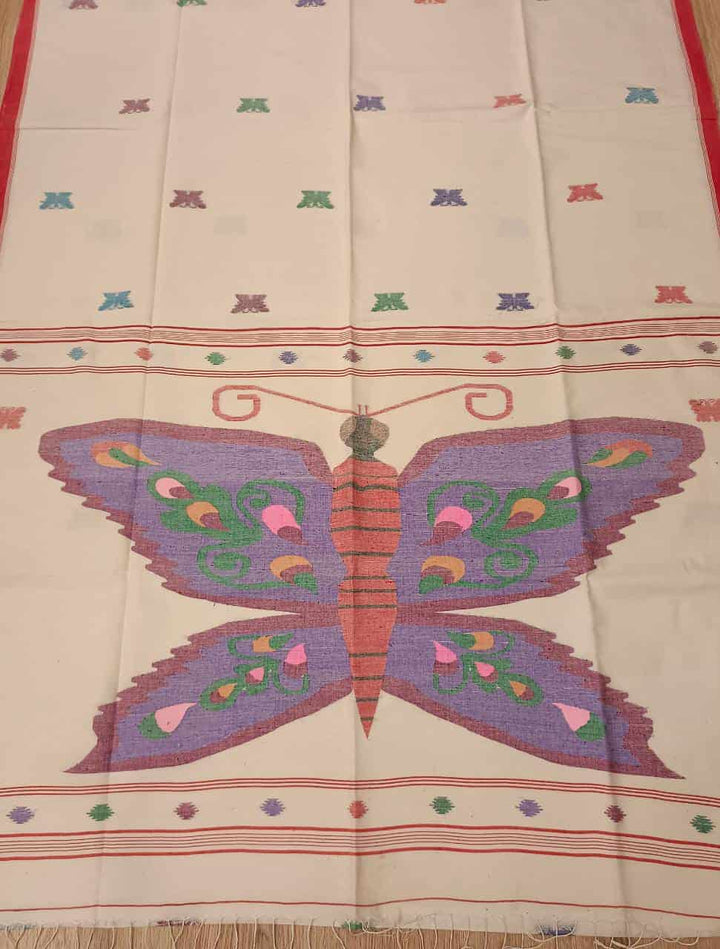 Handspun & Handwoven soft cotton, White & Red Jamdani saree Balaram Saha