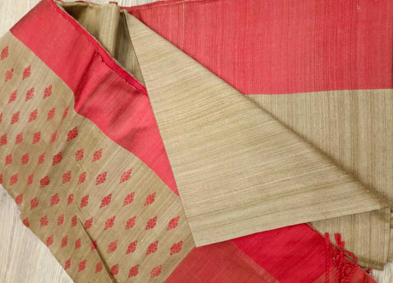 Beige & Red Matka silk handwoven saree Balaram Saha