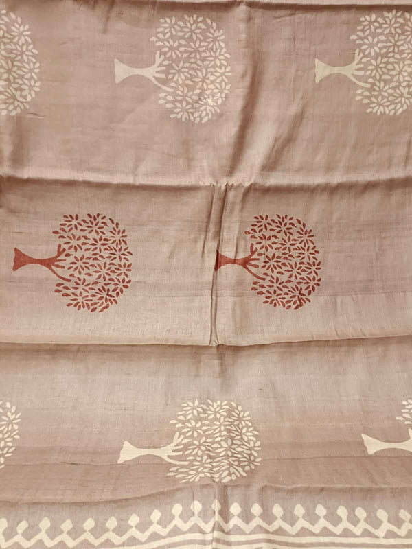 Taupe & Off White/Rust Tussar Silk Handblock Tree Print Saree Balaram Saha