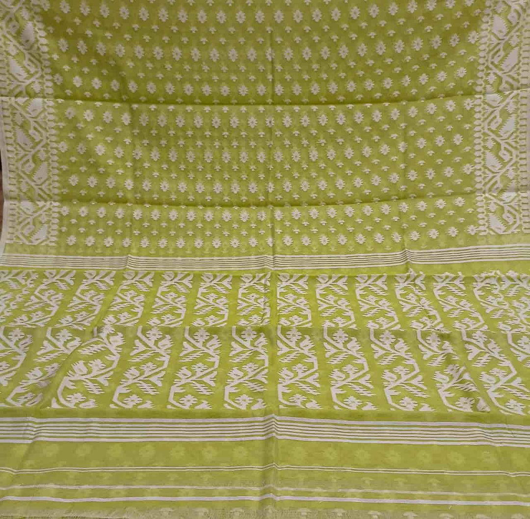 Fresh Green & White, soft handloom cotton/Resham dhakai saree Balaram Saha