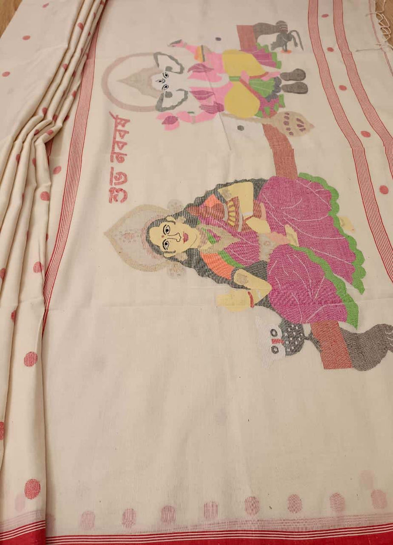 Shubho Nobo Borsho Special Saree: Handspun & Handwoven soft cotton saree in White & Red with goddess Lakshmi & Lord Ganesh handwoven on the Aanchal. All over the body Polka Dot weave. Blouse Piece.