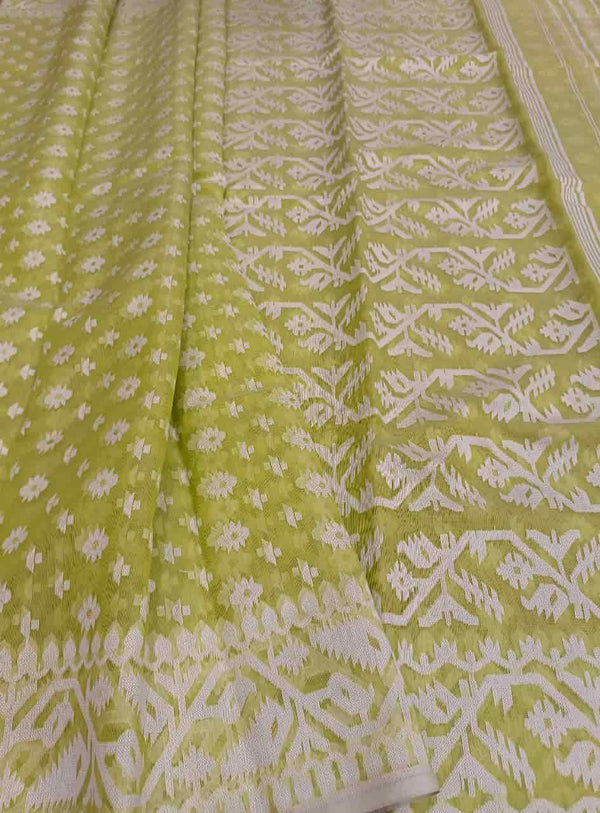 Fresh Green & White, soft handloom cotton/Resham dhakai saree Balaram Saha