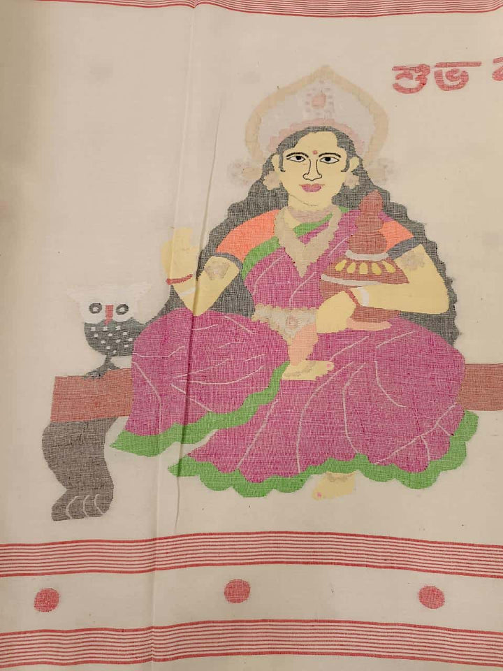 Shubho Nobo Borsho Special Saree: Handspun & Handwoven soft cotton saree in White & Red with goddess Lakshmi & Lord Ganesh handwoven on the Aanchal. All over the body Polka Dot weave. Blouse Piece.