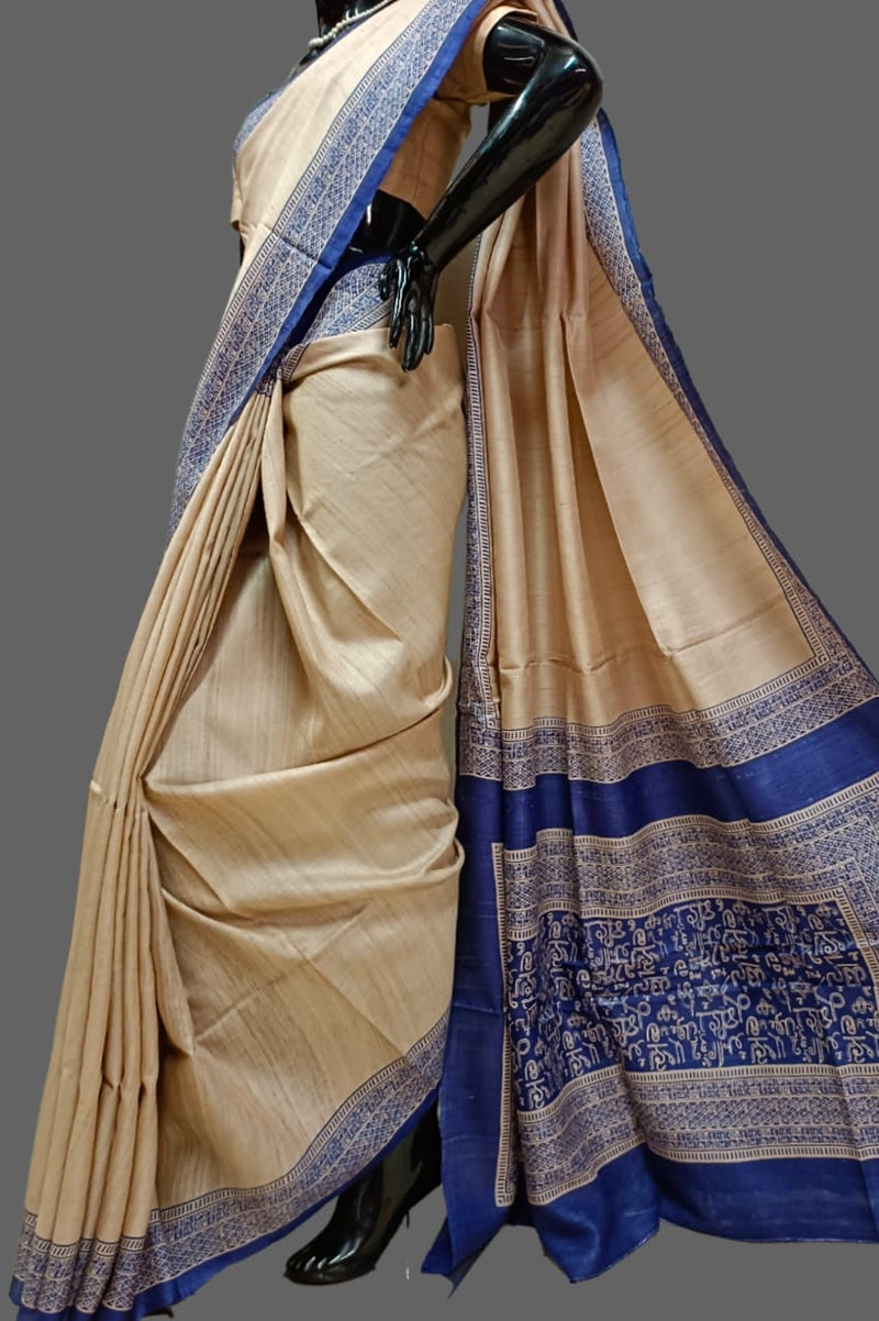 Natural shade pure Tussar Silk & Blue script print saree Balaram Saha