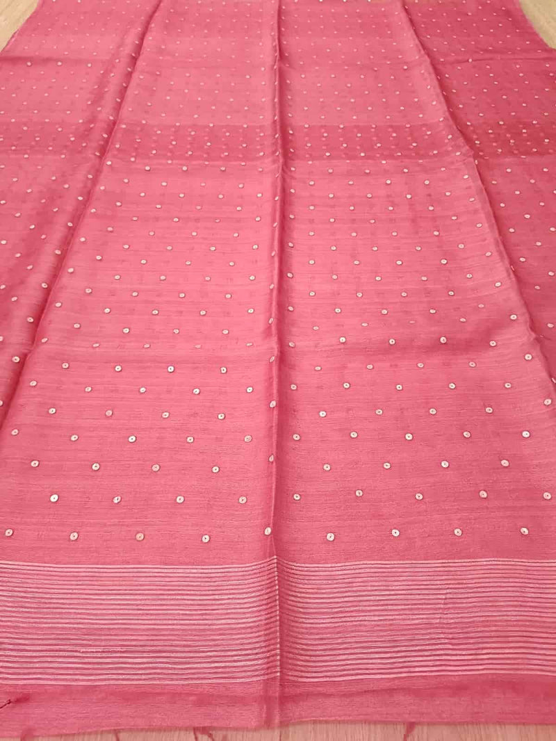 Dark Rose Pink Handloom Matka Muslin Silk Saree Balaram Saha