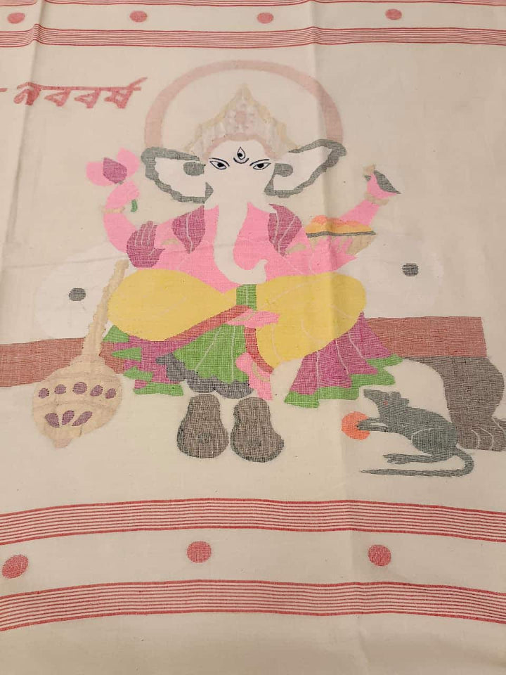 Shubho Nobo Borsho Special Saree: Handspun & Handwoven soft cotton saree in White & Red with goddess Lakshmi & Lord Ganesh handwoven on the Aanchal. All over the body Polka Dot weave. Blouse Piece.