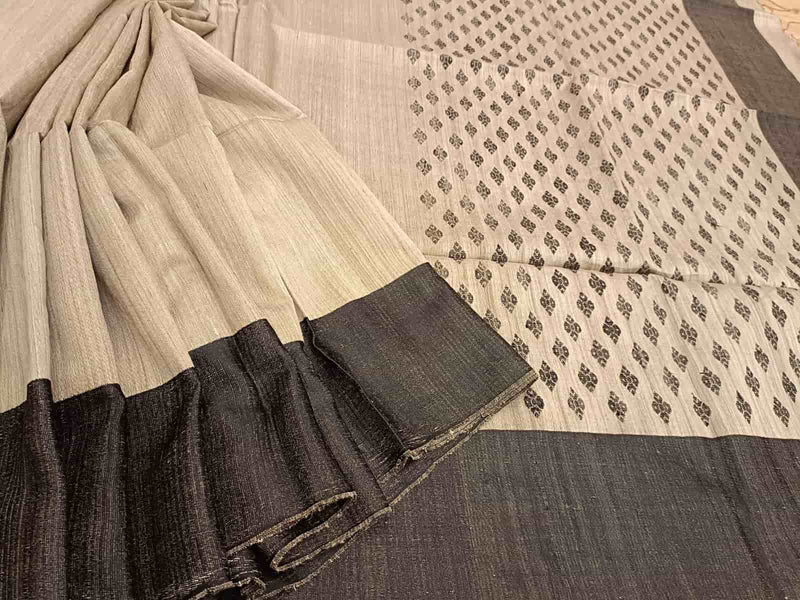 Light Silver Grey & Black Matka silk handwoven saree Balaram Saha