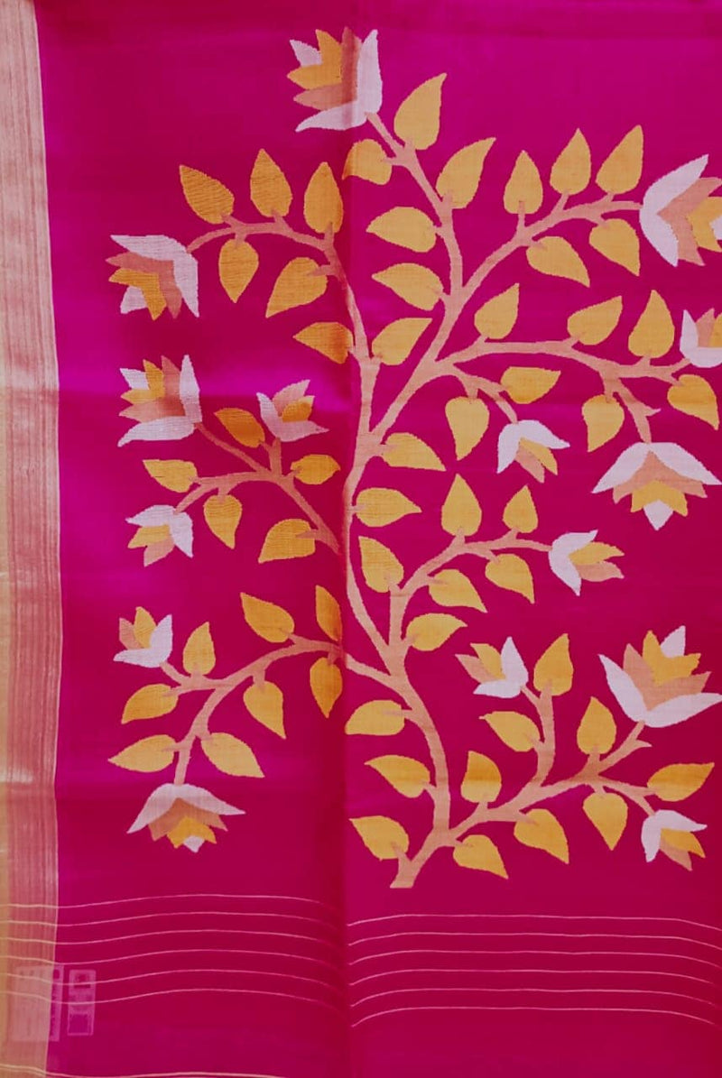 Deep Pink Handloom Muslin Silk Jamdani Saree Balaram Saha
