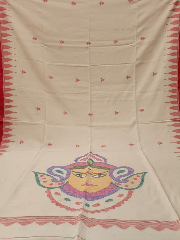 White & Red, Handspun & Handwoven soft Cotton Jamdani saree Balaram Saha