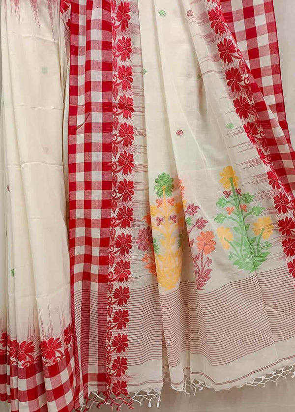 White & Red soft cotton saree with check & floral weave border Balaram Saha