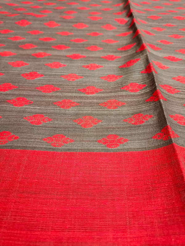 Charcoal Grey & Red Matka silk handwoven saree Balaram Saha